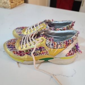 Authentic Chanel Women's Tweed Rainbow Gold Sneakers Size 37
